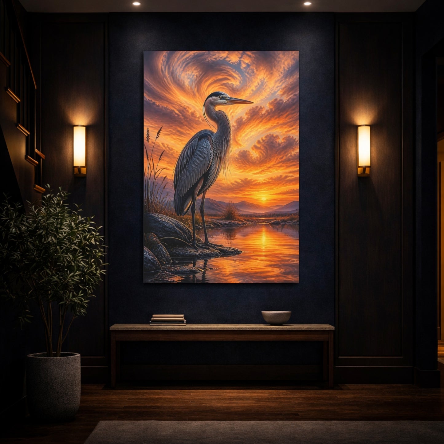 Mockup 4. Animals Heron Orange Heron shown as stretched canvas wall art