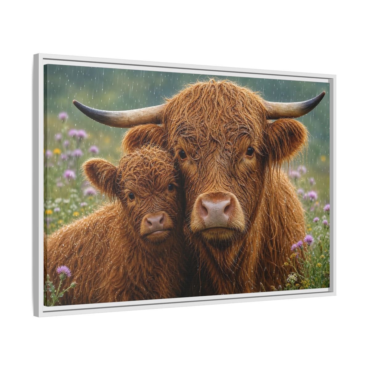 Animals Highland Cattle Brown Framed Canvas Wall Art Print – Realistic Living Room, Large - YesArtYes