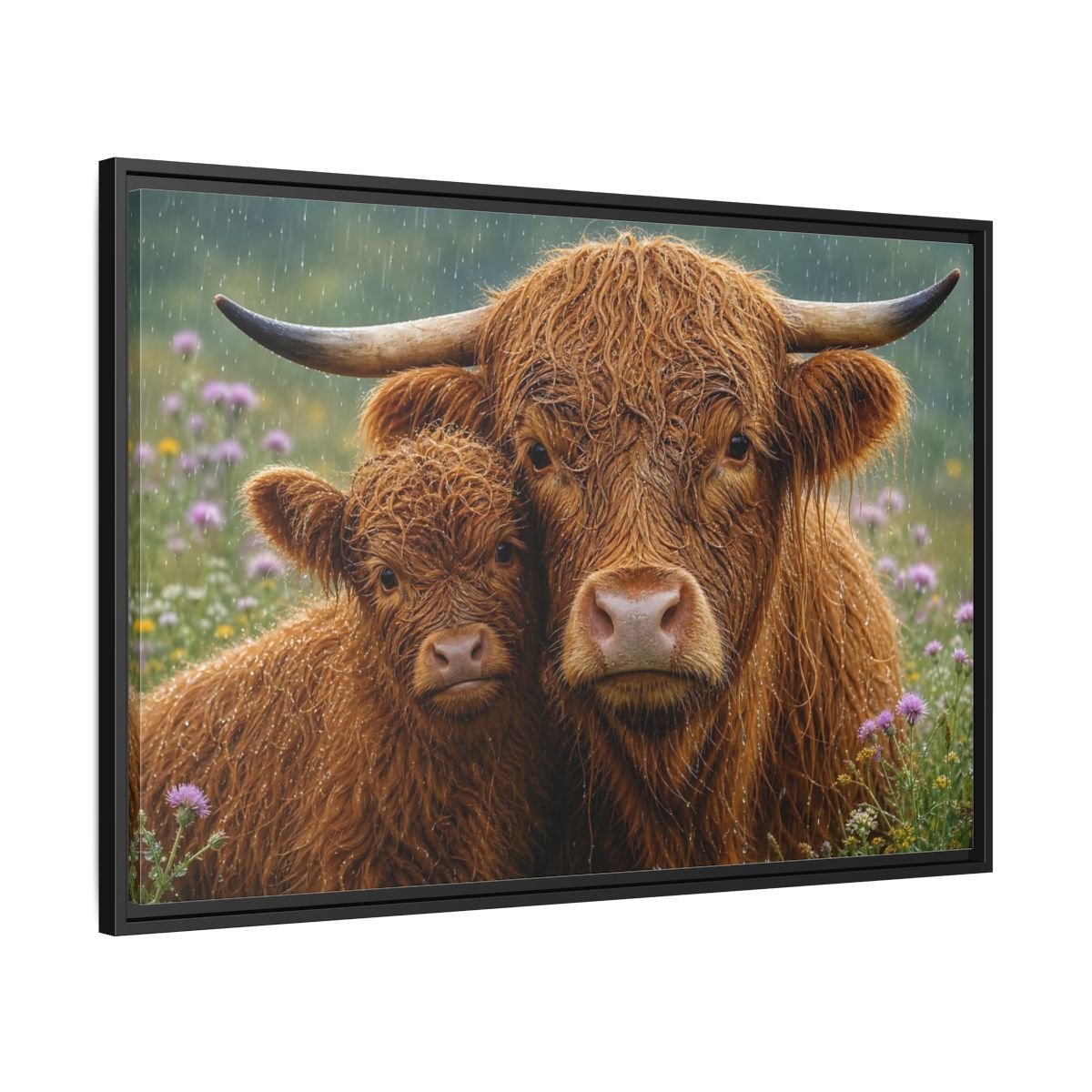 Animals Highland Cattle Brown Framed Canvas Wall Art Print – Realistic Living Room, Large - YesArtYes