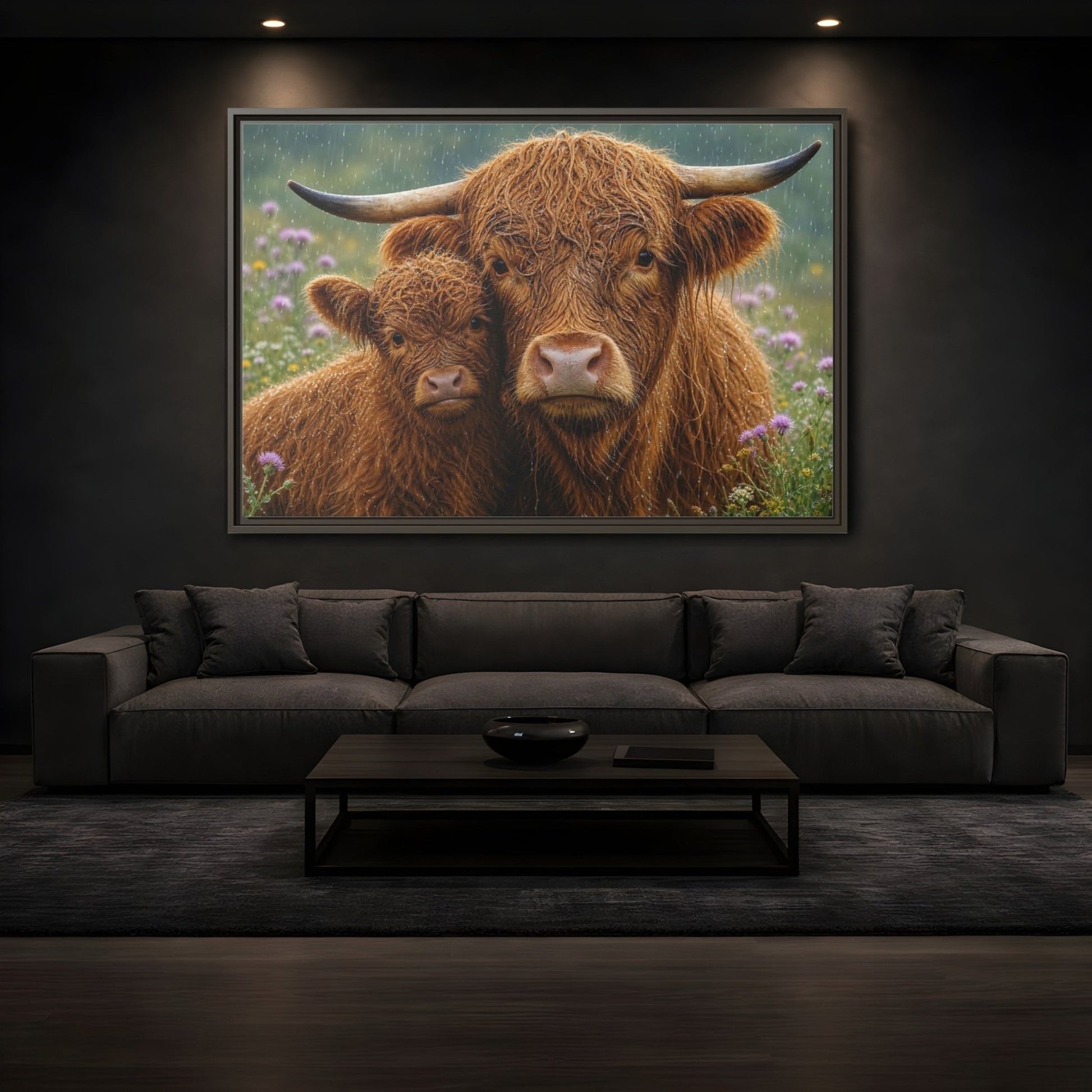 Animals Highland Cattle Brown Framed Canvas Wall Art Print – Realistic Living Room, Large - YesArtYes