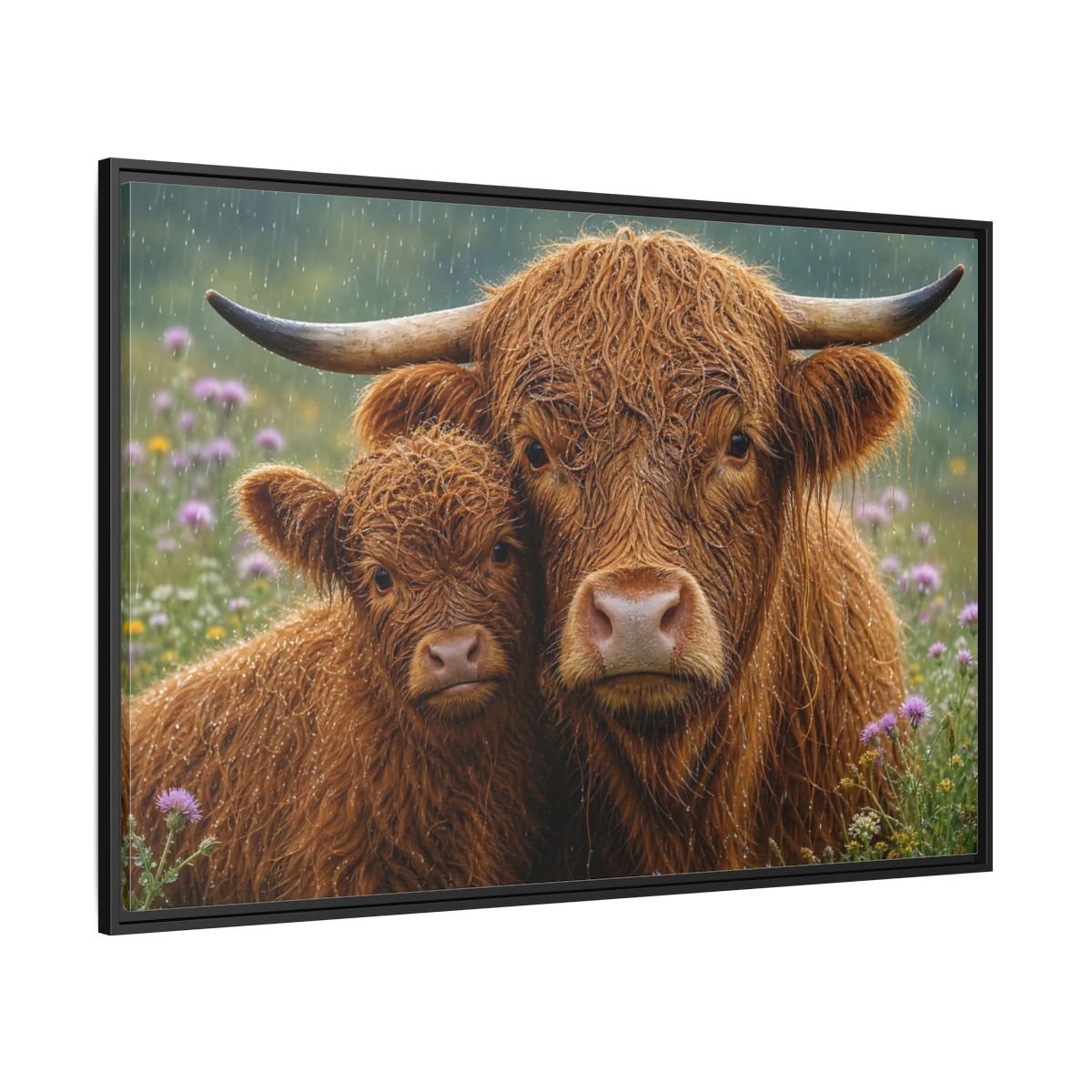 Animals Highland Cattle Brown Framed Canvas Wall Art Print – Realistic Living Room, Large - YesArtYes