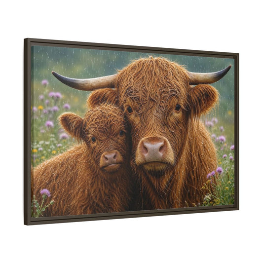 Animals Highland Cattle Brown Framed Canvas Wall Art Print – Realistic Living Room, Large - YesArtYes