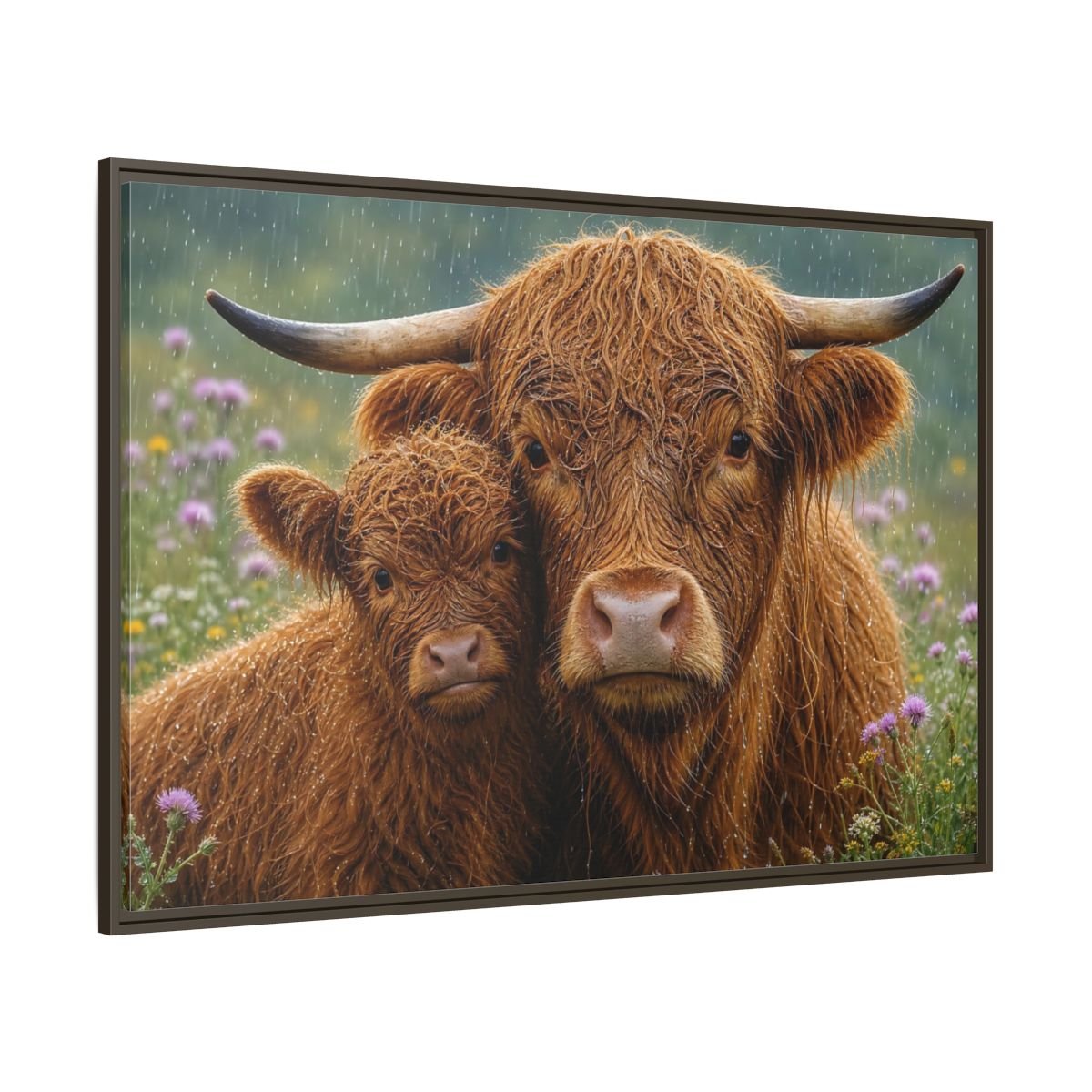 Animals Highland Cattle Brown Framed Canvas Wall Art Print – Realistic Living Room, Large - YesArtYes
