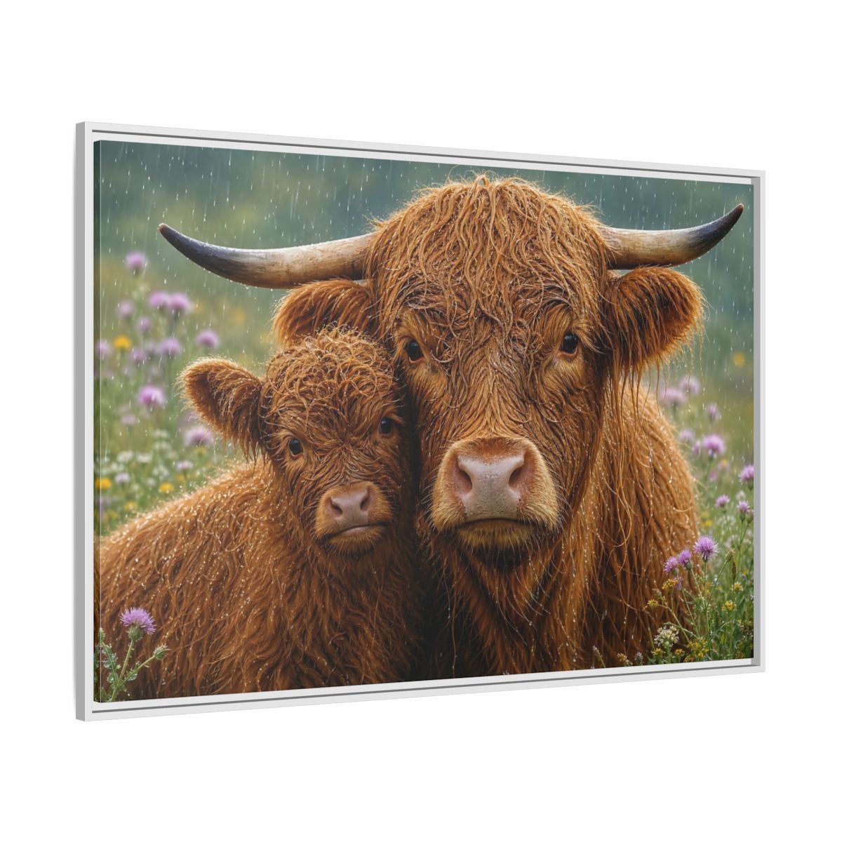 Animals Highland Cattle Brown Framed Canvas Wall Art Print – Realistic Living Room, Large - YesArtYes