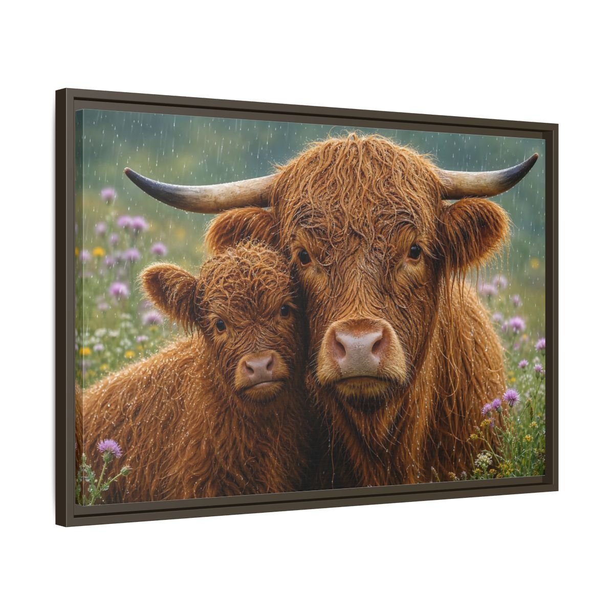 Animals Highland Cattle Brown Framed Canvas Wall Art Print – Realistic Living Room, Large - YesArtYes