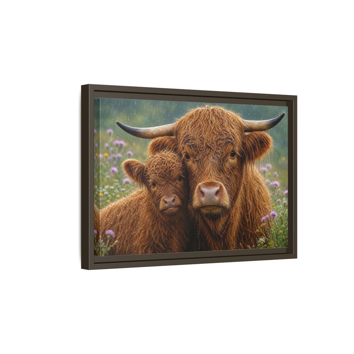 Animals Highland Cattle Brown Framed Canvas Wall Art Print – Realistic Living Room, Large - YesArtYes