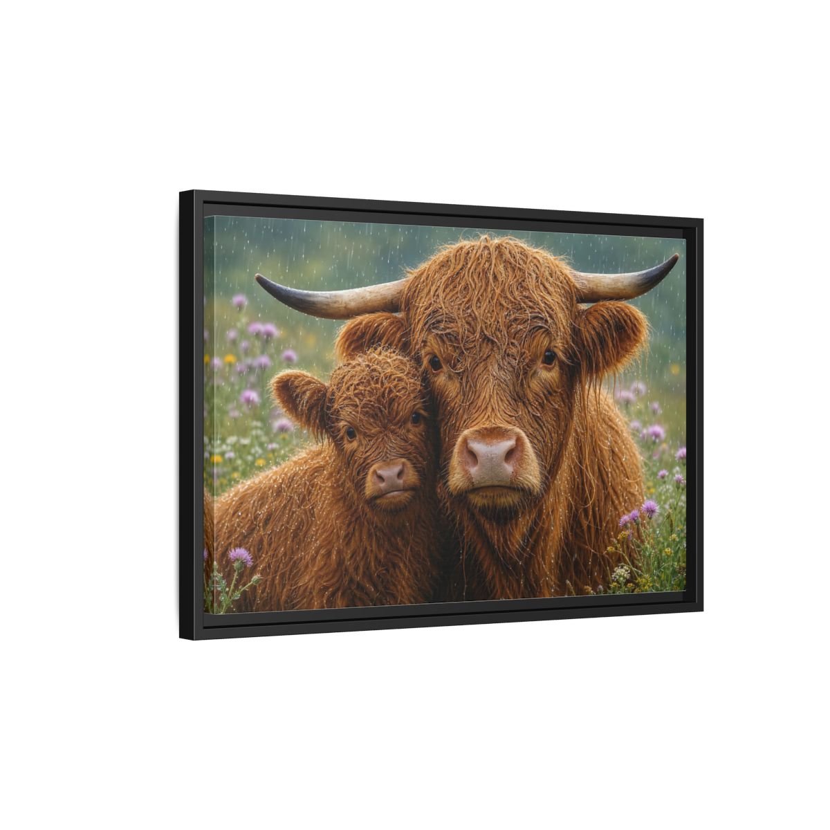 Animals Highland Cattle Brown Framed Canvas Wall Art Print – Realistic Living Room, Large - YesArtYes