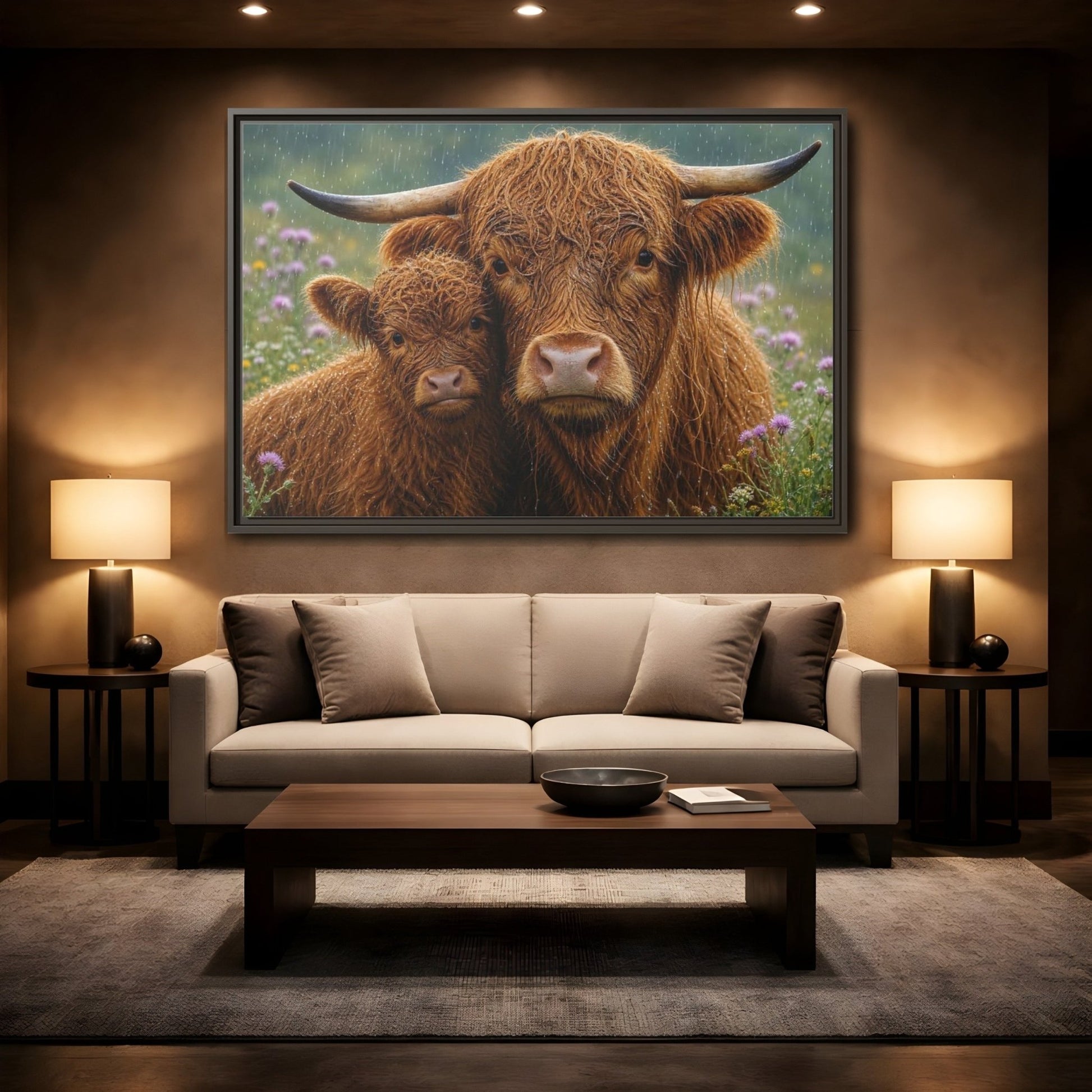 Animals Highland Cattle Brown Framed Canvas Wall Art Print – Realistic Living Room, Large - YesArtYes