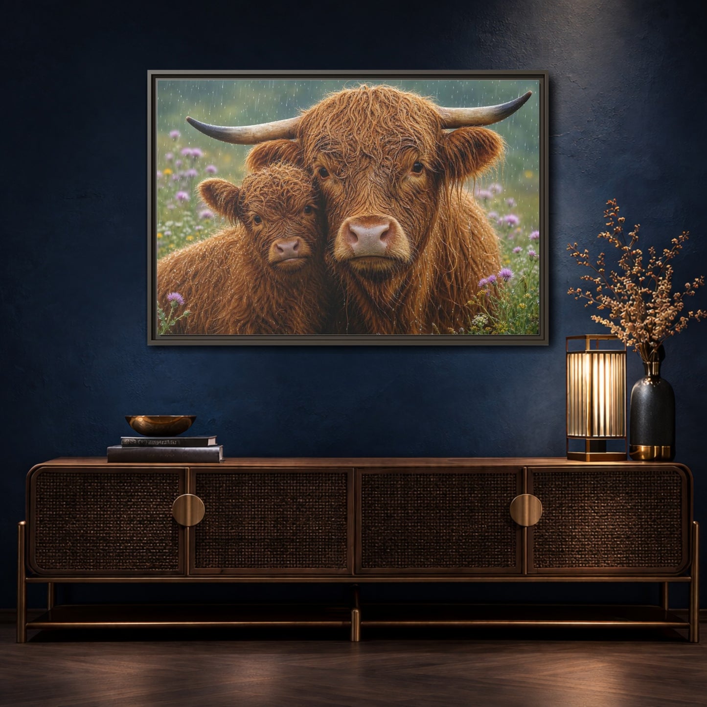 Mockup 4. Animals Highland Cattle Brown Highland Cattle shown as stretched canvas wall art
