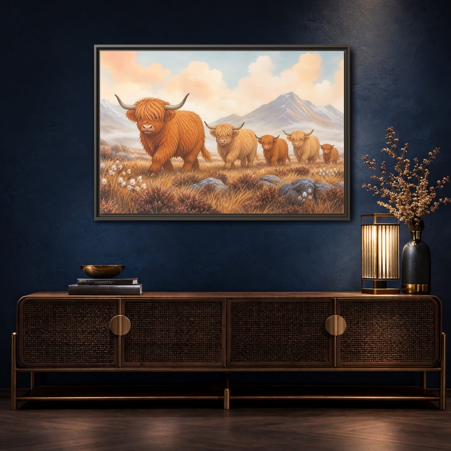 Mockup 4. Animals Highland Cattle Orange Brown Animals shown as stretched canvas wall art