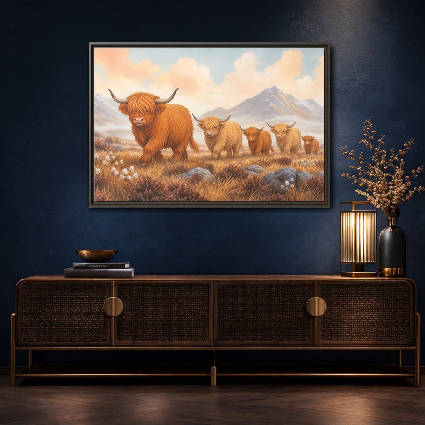 Animals Highland Cattle Orange Brown Framed Canvas Print – Living Room, Above Fireplace, - YesArtYes