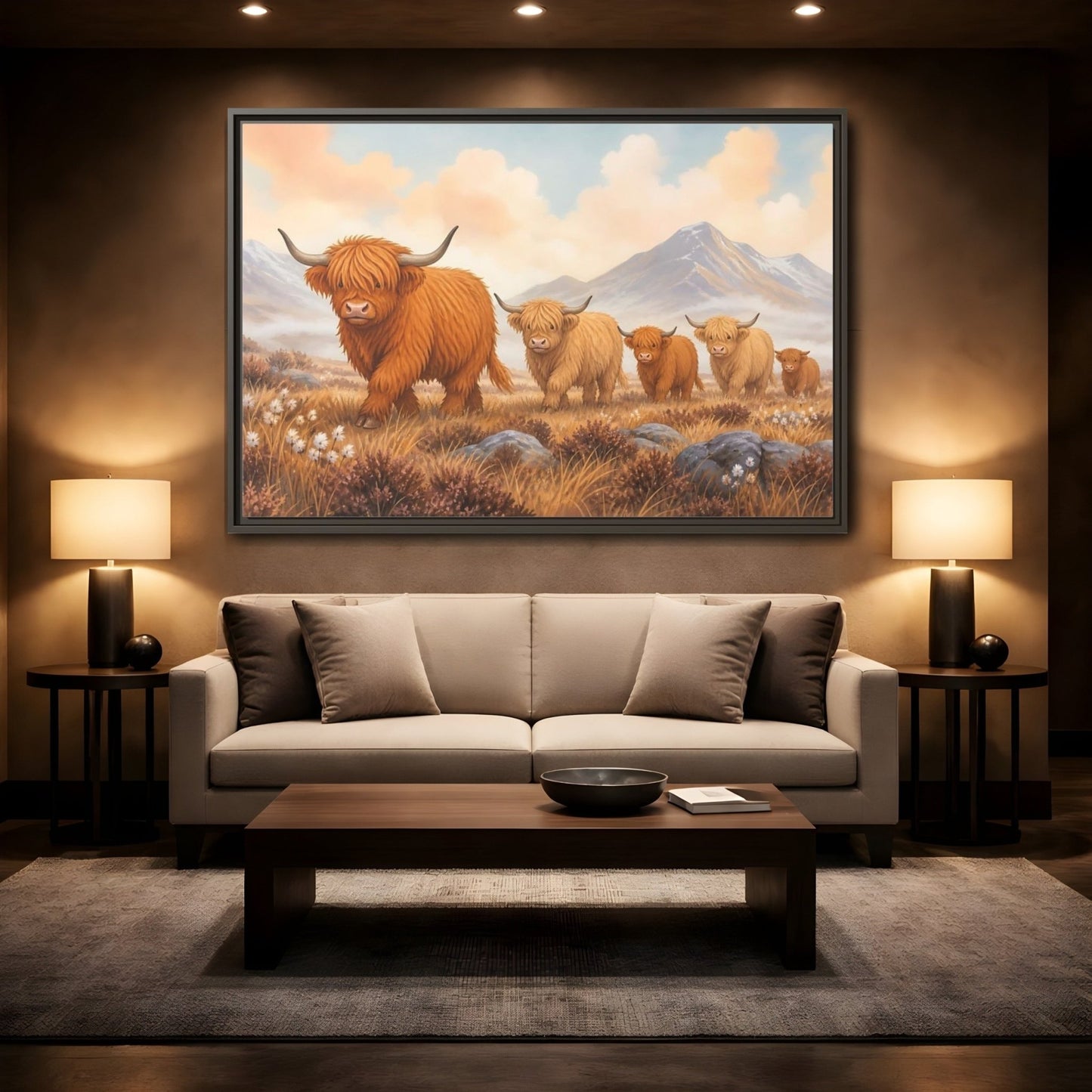 Animals Highland Cattle Orange Brown Framed Canvas Print – Living Room, Above Fireplace, - YesArtYes