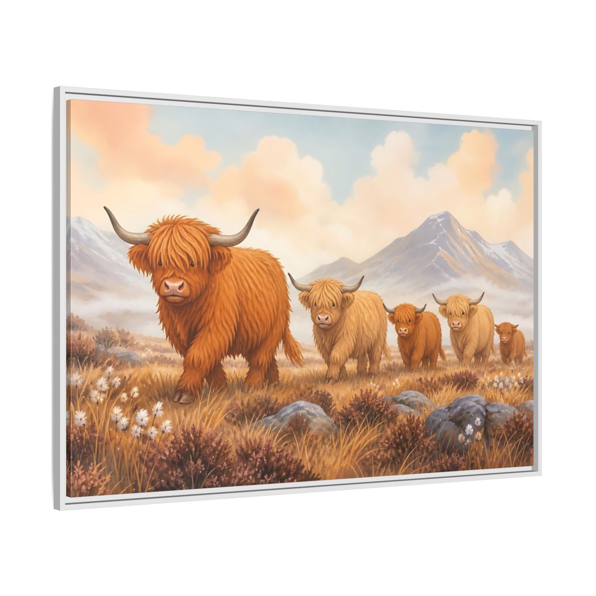 Side Mockup 7. Animals Highland Cattle Orange Brown Animals shown as stretched canvas wall art