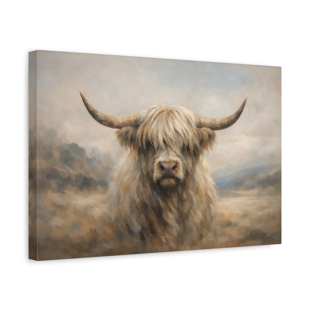 Side Mockup 4. Animals Highland Cow Highland Cow Beige shown as stretched canvas wall art