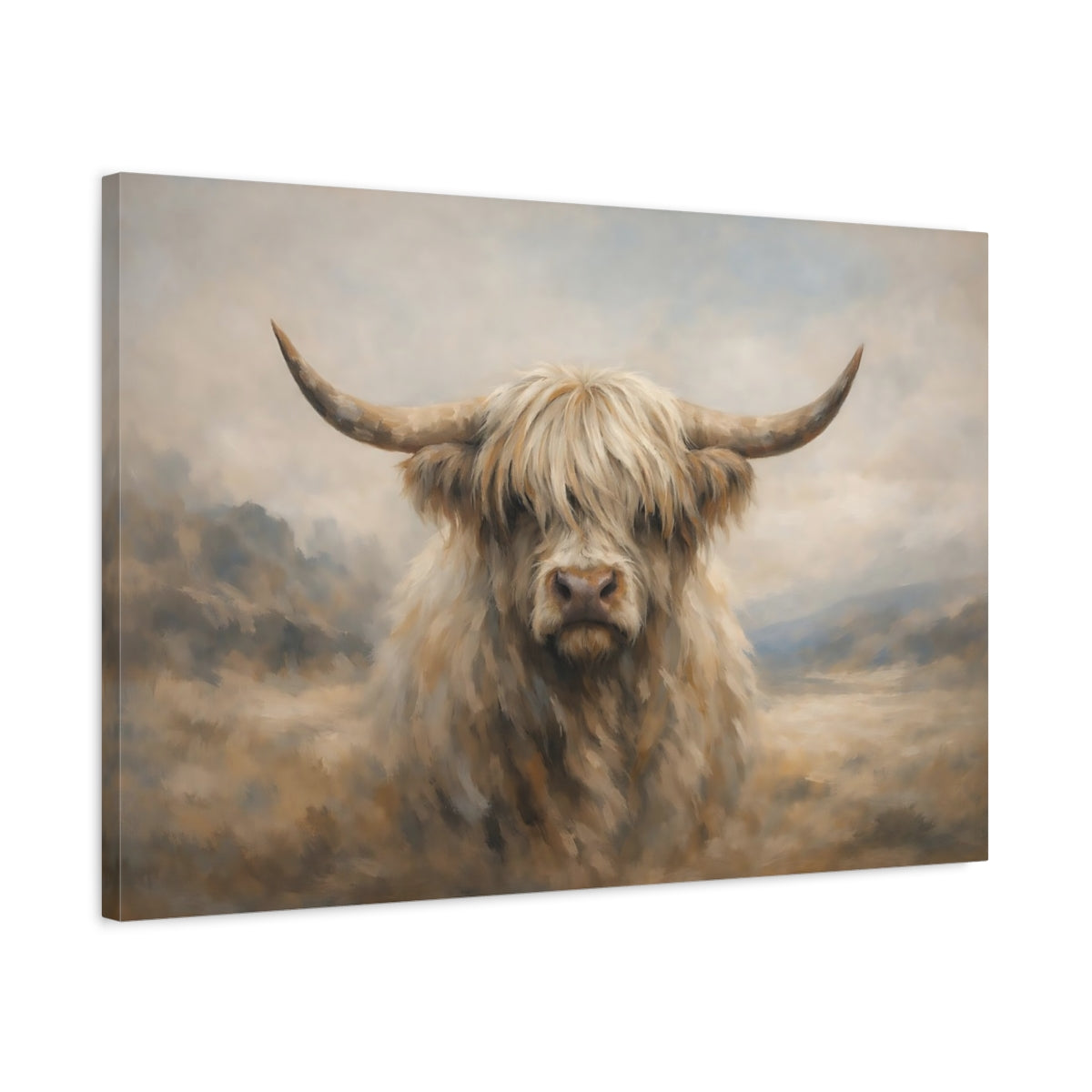 Side Mockup 2. Animals Highland Cow Highland Cow Beige shown as stretched canvas wall art