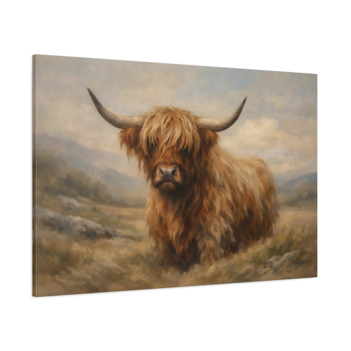 Main Mockup. Animals Highland Cow Brown And Tan shown as stretched canvas wall art