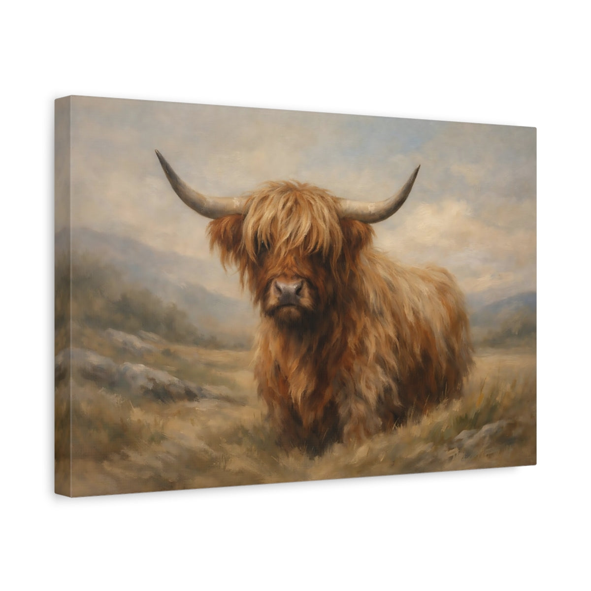 Side Mockup 4. Animals Highland Cow Brown And Tan shown as stretched canvas wall art