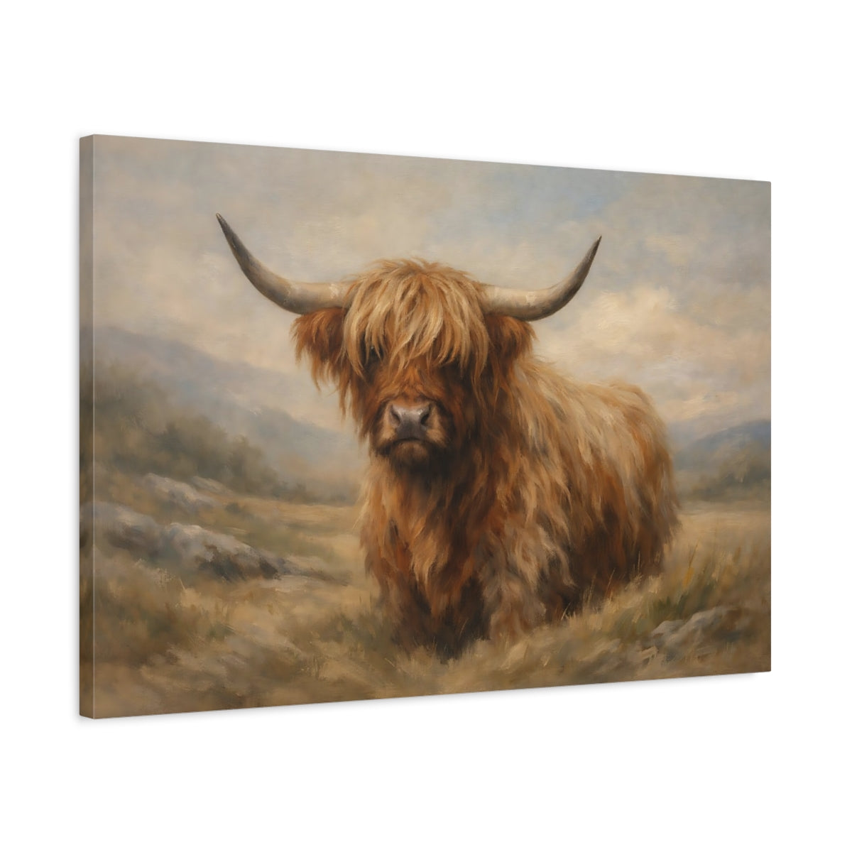 Side Mockup 2. Animals Highland Cow Brown And Tan shown as stretched canvas wall art