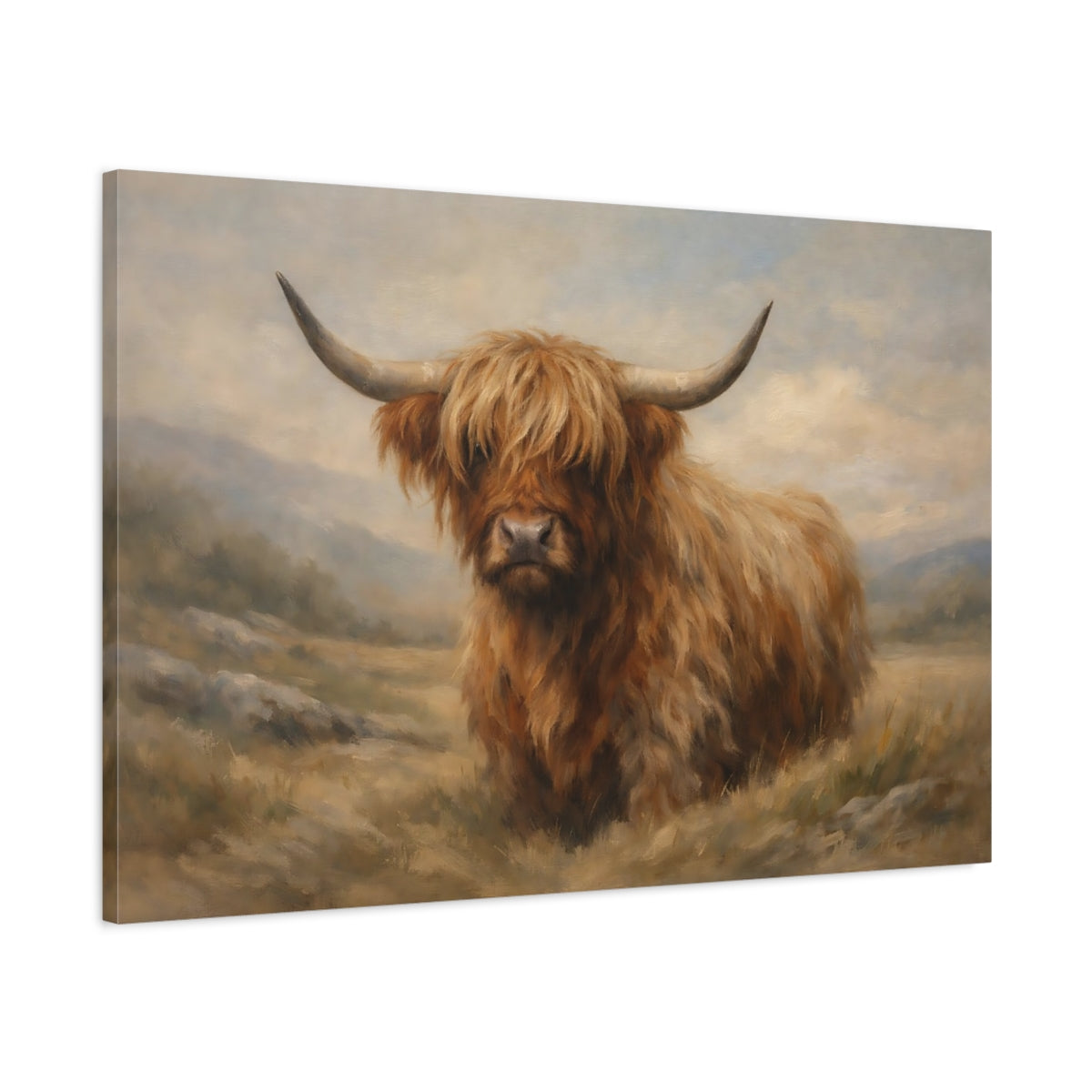 Side Mockup 1. Animals Highland Cow Brown And Tan shown as stretched canvas wall art