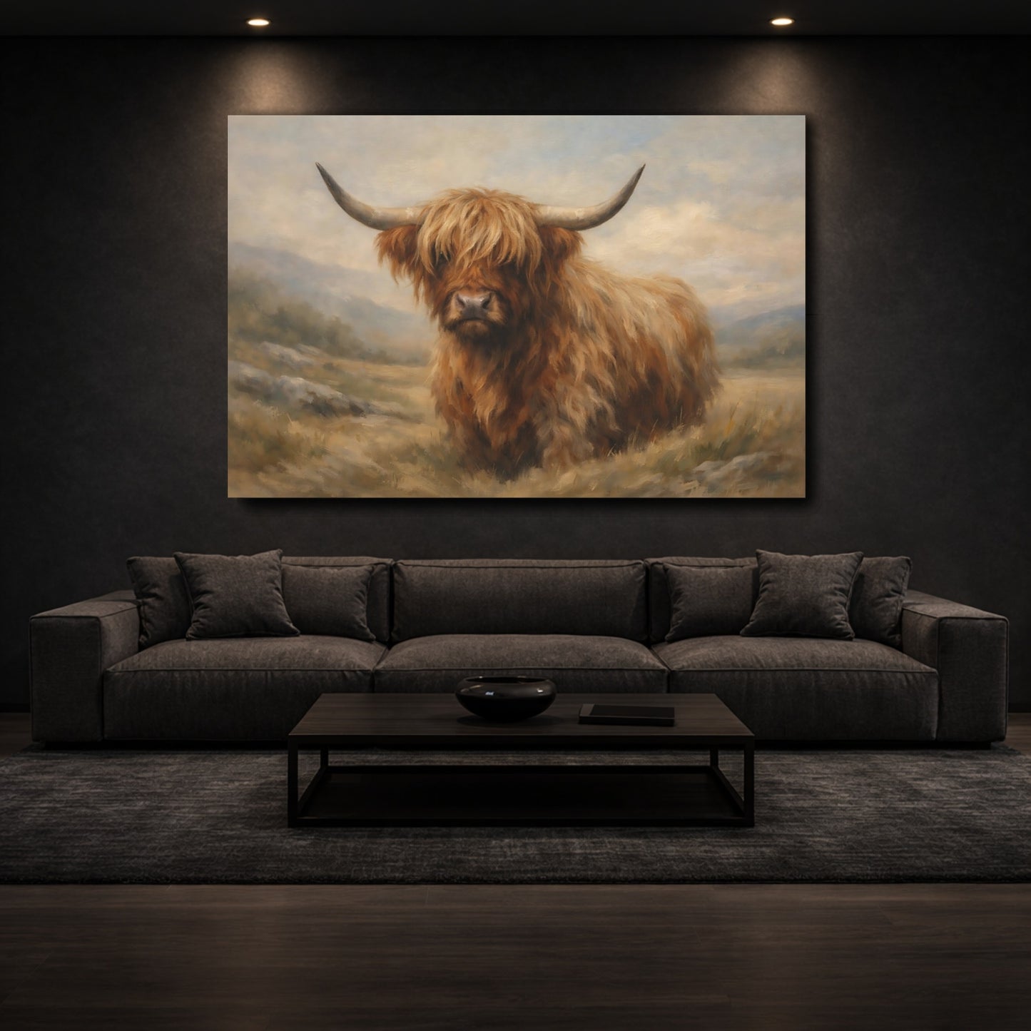 Mockup 2. Animals Highland Cow Brown And Tan shown as stretched canvas wall art