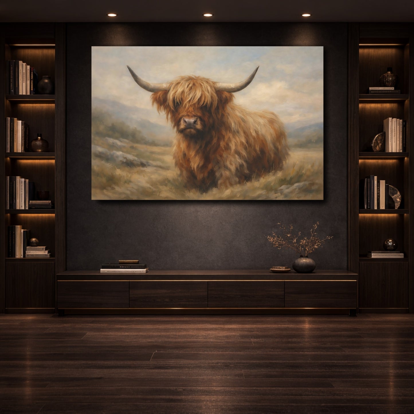 Mockup 3. Animals Highland Cow Brown And Tan shown as stretched canvas wall art