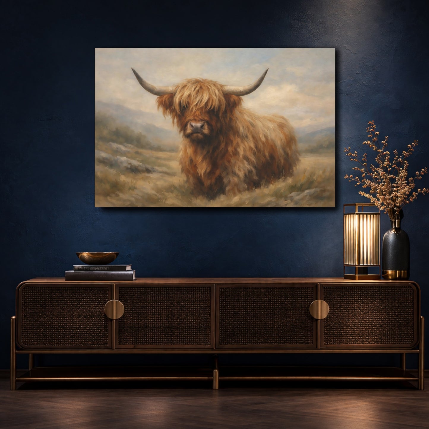 Mockup 4. Animals Highland Cow Brown And Tan shown as stretched canvas wall art