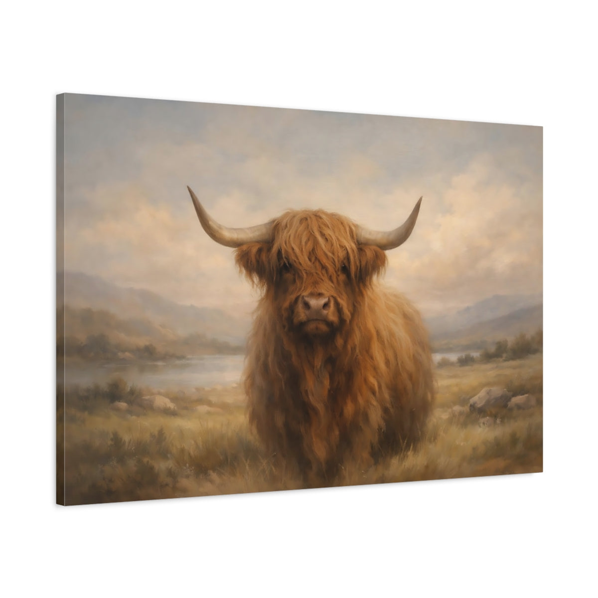 Side Mockup 1. Animals Highland Cow Brown Highland Cow shown as stretched canvas wall art