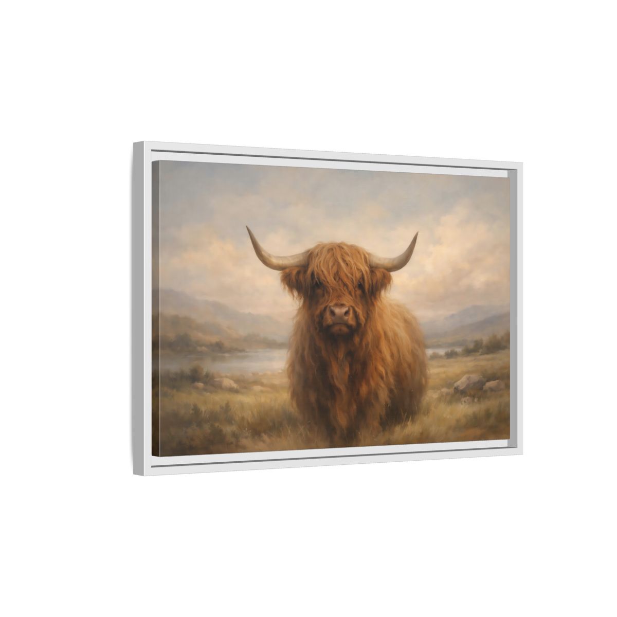 Side Mockup 1. Animals Highland Cow Highland Cow Brown shown as stretched canvas wall art