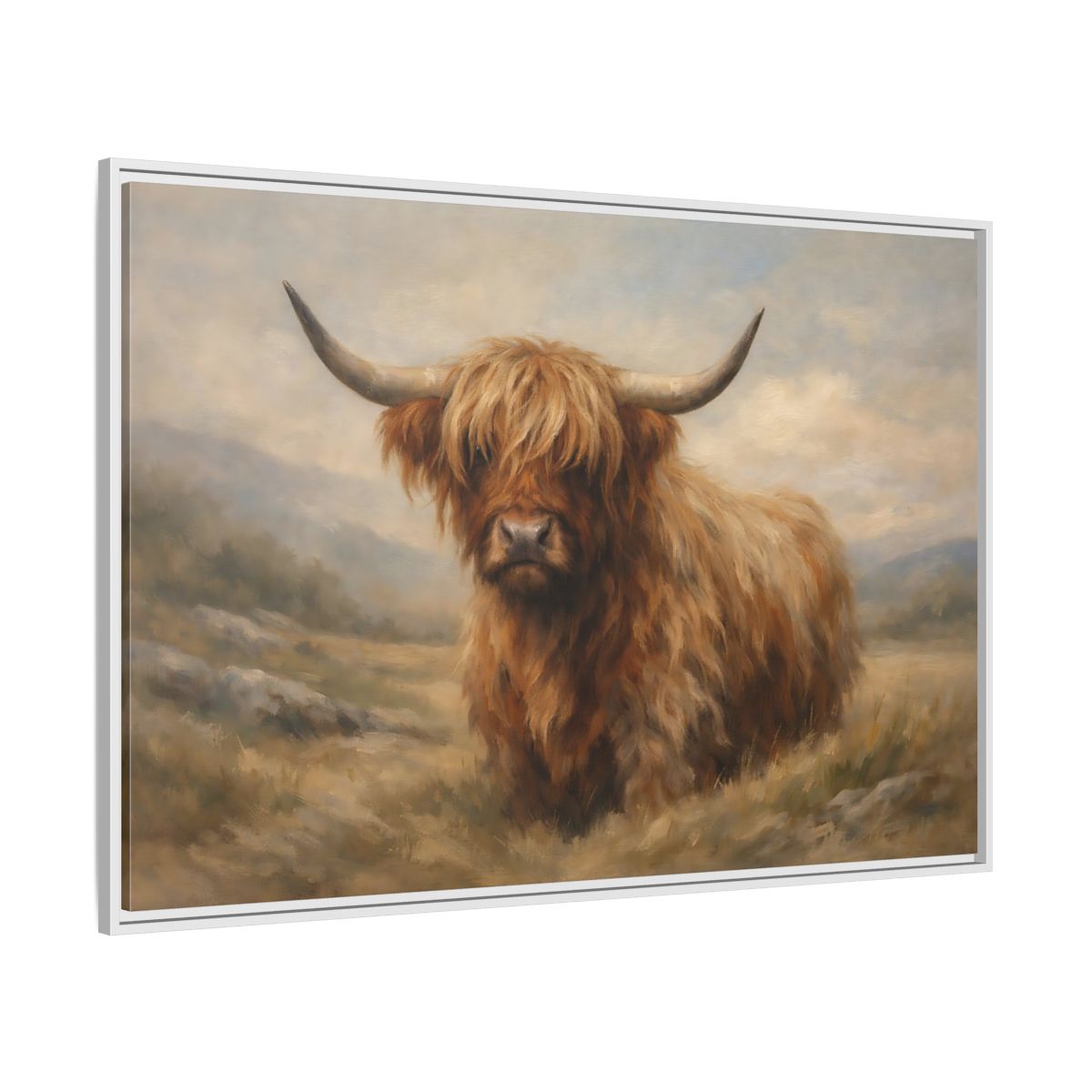 Side Mockup 7. Animals Highland Cow Highland Cow Brown shown as stretched canvas wall art