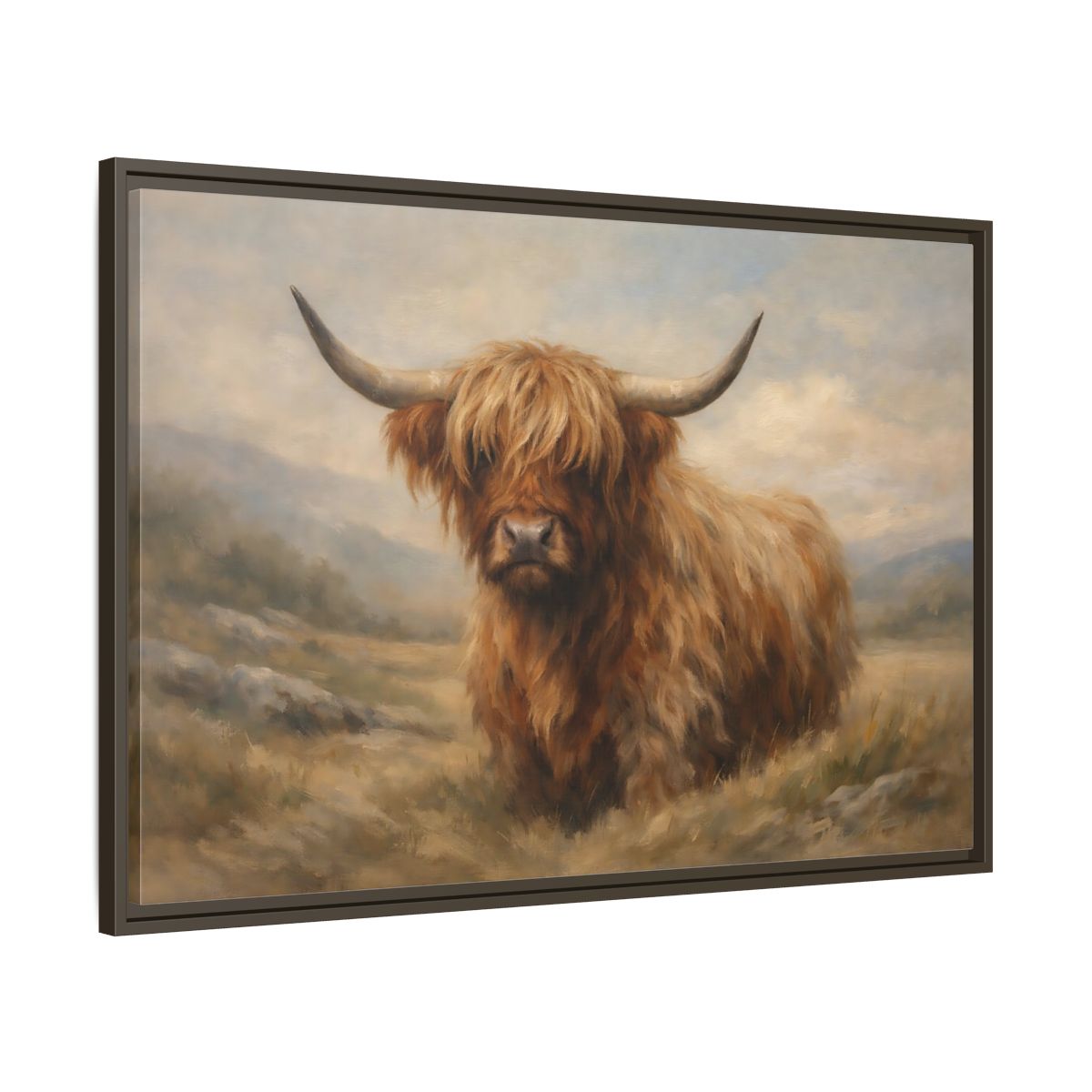 Side Mockup 9. Animals Highland Cow Highland Cow Brown shown as stretched canvas wall art