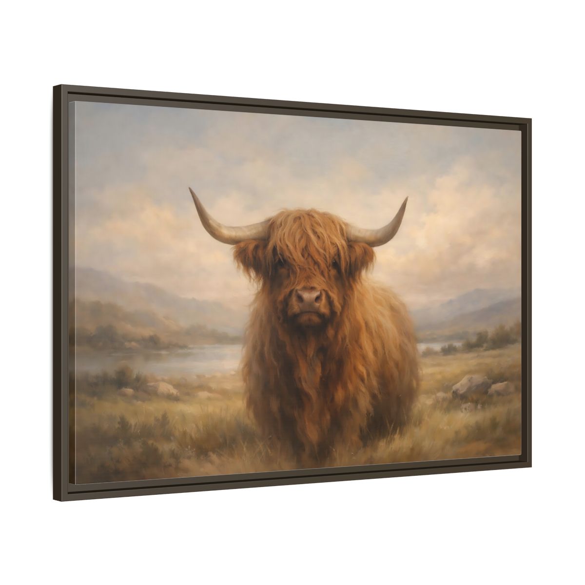 Side Mockup 9. Animals Highland Cow Highland Cow Brown shown as stretched canvas wall art