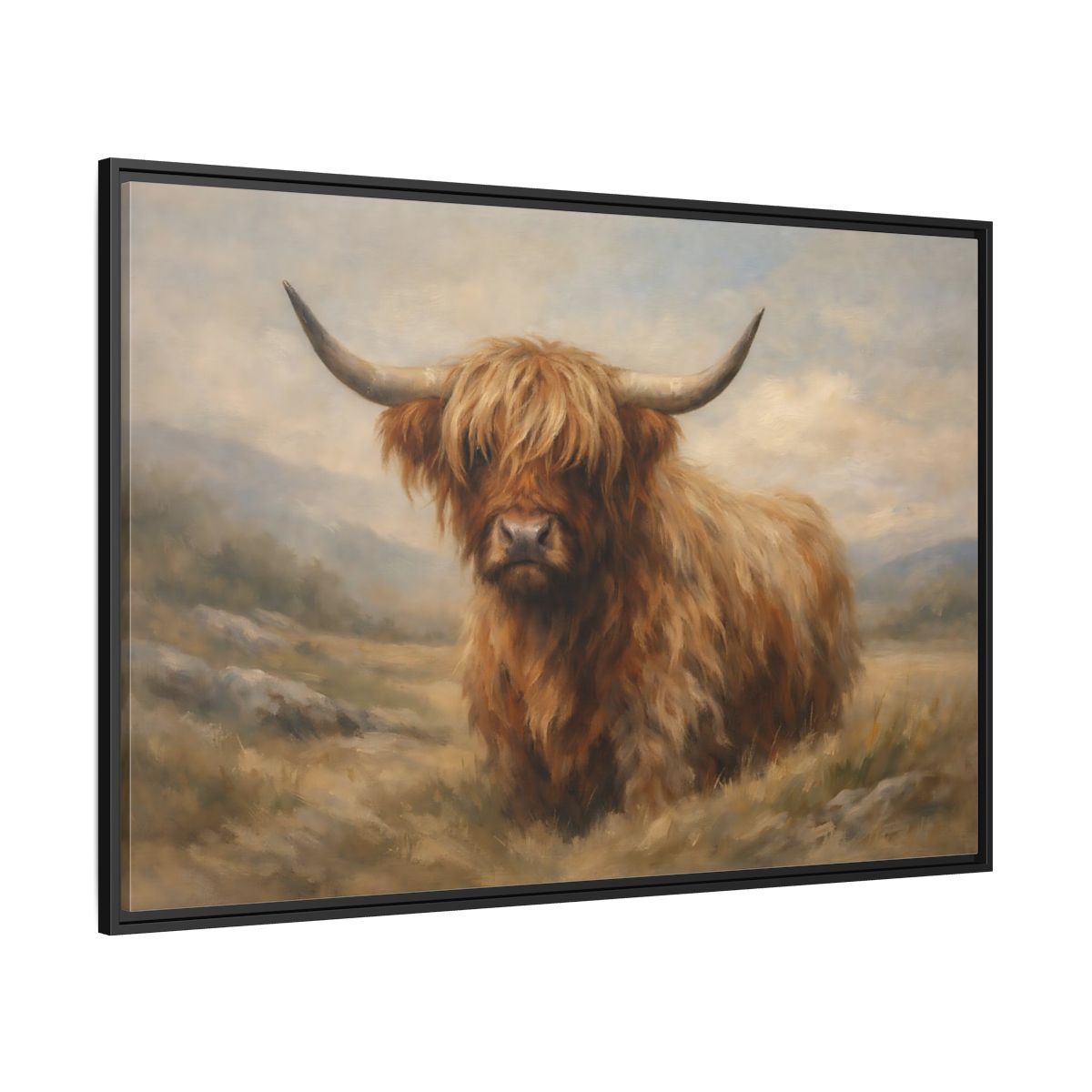 Side Mockup 12. Animals Highland Cow Highland Cow Brown shown as stretched canvas wall art