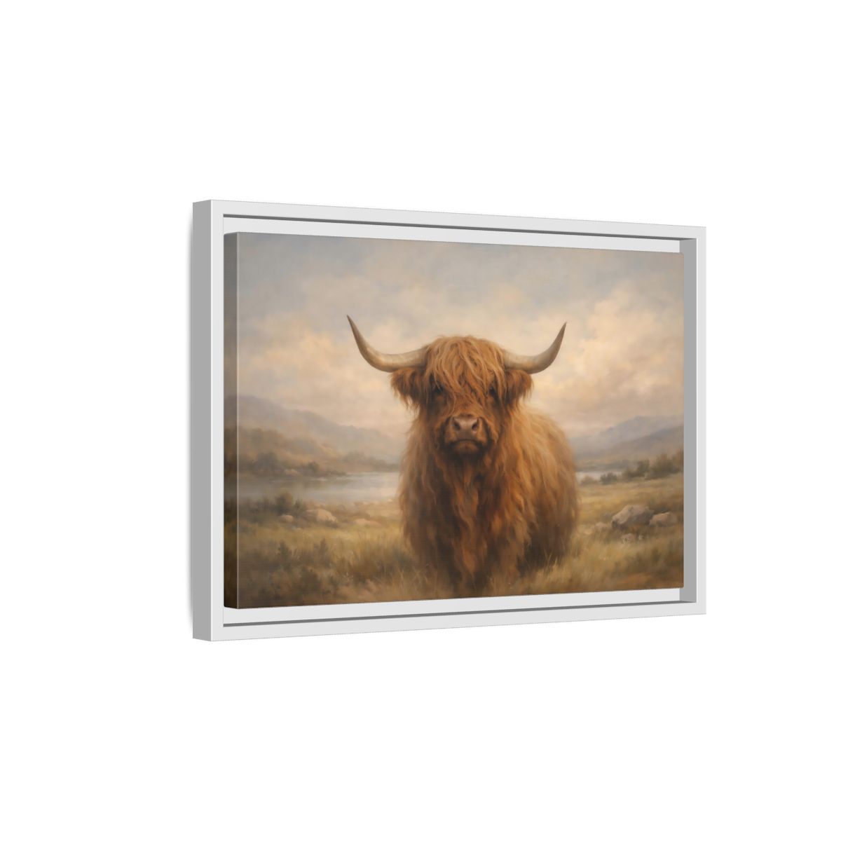Side Mockup 4. Animals Highland Cow Highland Cow Brown shown as stretched canvas wall art