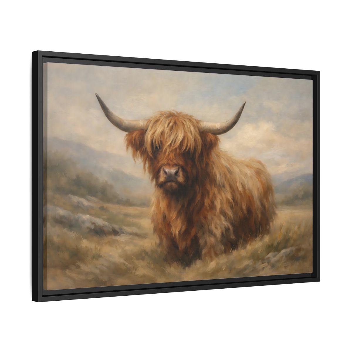 Side Mockup 14. Animals Highland Cow Highland Cow Brown shown as stretched canvas wall art