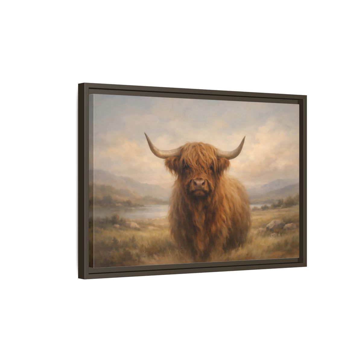 Side Mockup 2. Animals Highland Cow Highland Cow Brown shown as stretched canvas wall art