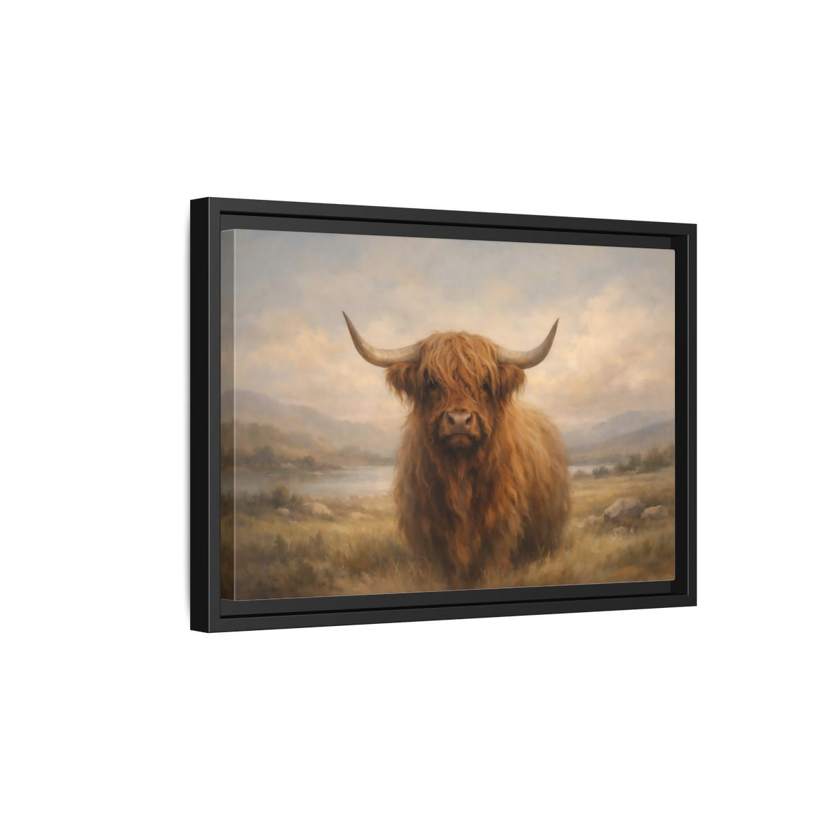 Side Mockup 6. Animals Highland Cow Highland Cow Brown shown as stretched canvas wall art