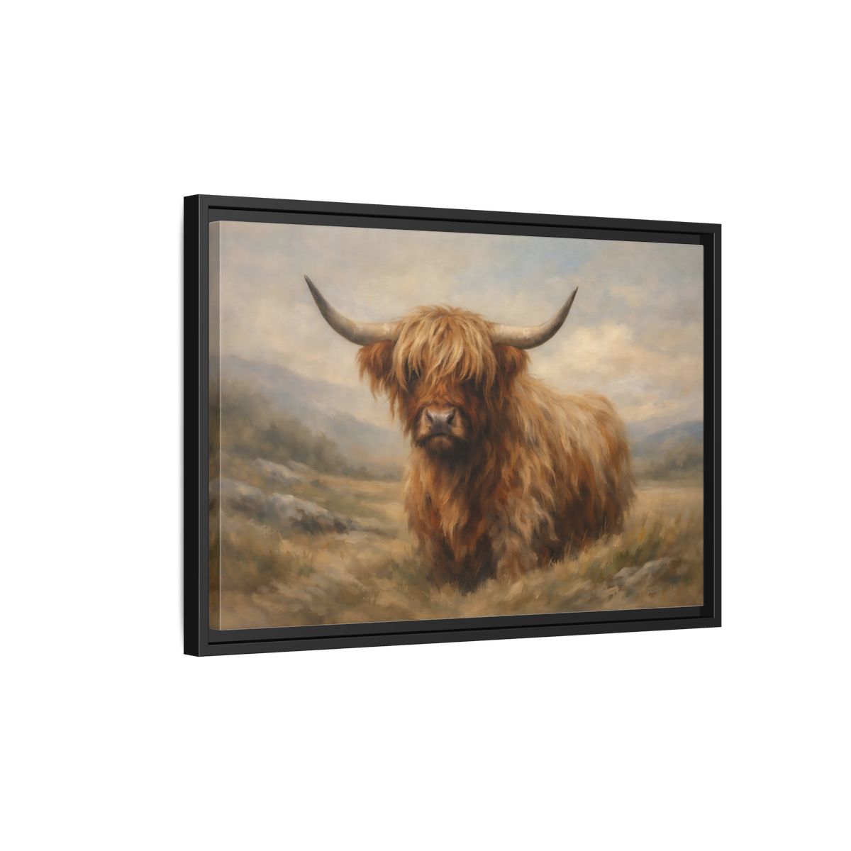 Side Mockup 3. Animals Highland Cow Highland Cow Brown shown as stretched canvas wall art
