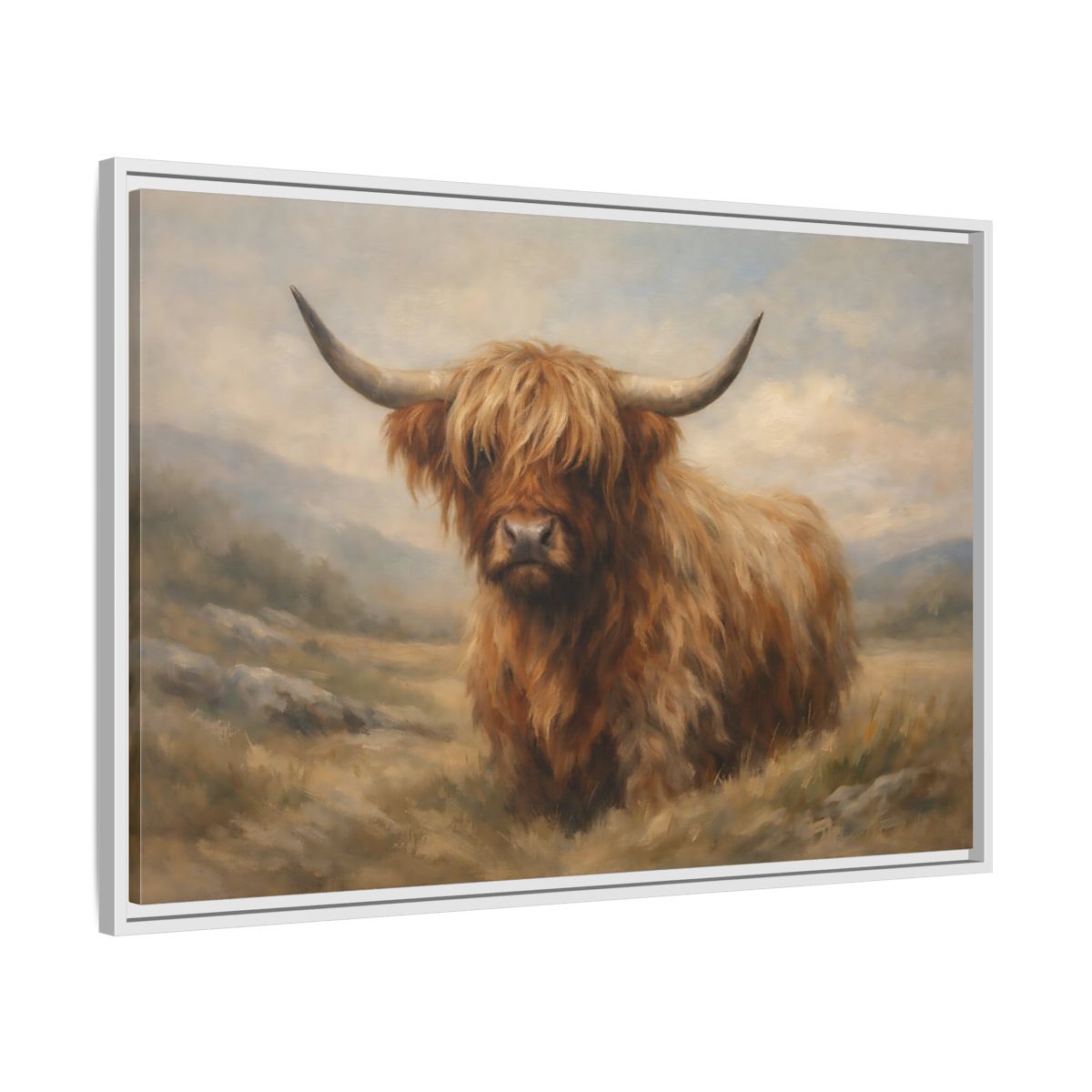 Side Mockup 8. Animals Highland Cow Highland Cow Brown shown as stretched canvas wall art