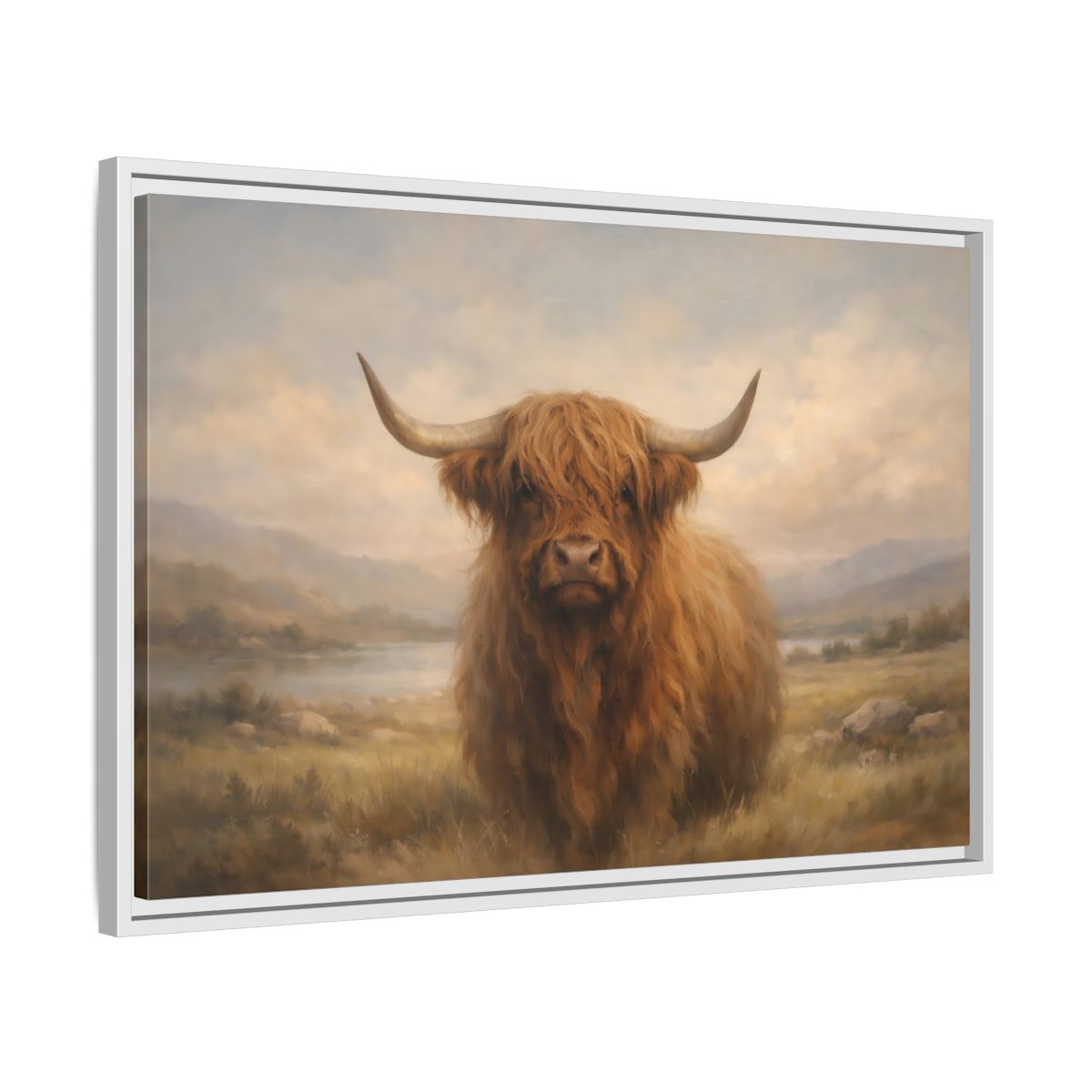 Side Mockup 10. Animals Highland Cow Highland Cow Brown shown as stretched canvas wall art