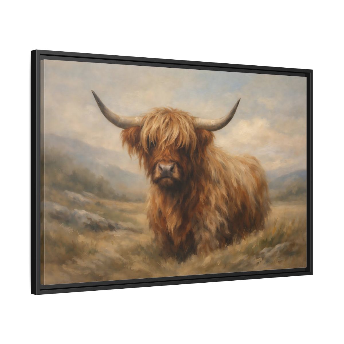 Side Mockup 13. Animals Highland Cow Highland Cow Brown shown as stretched canvas wall art