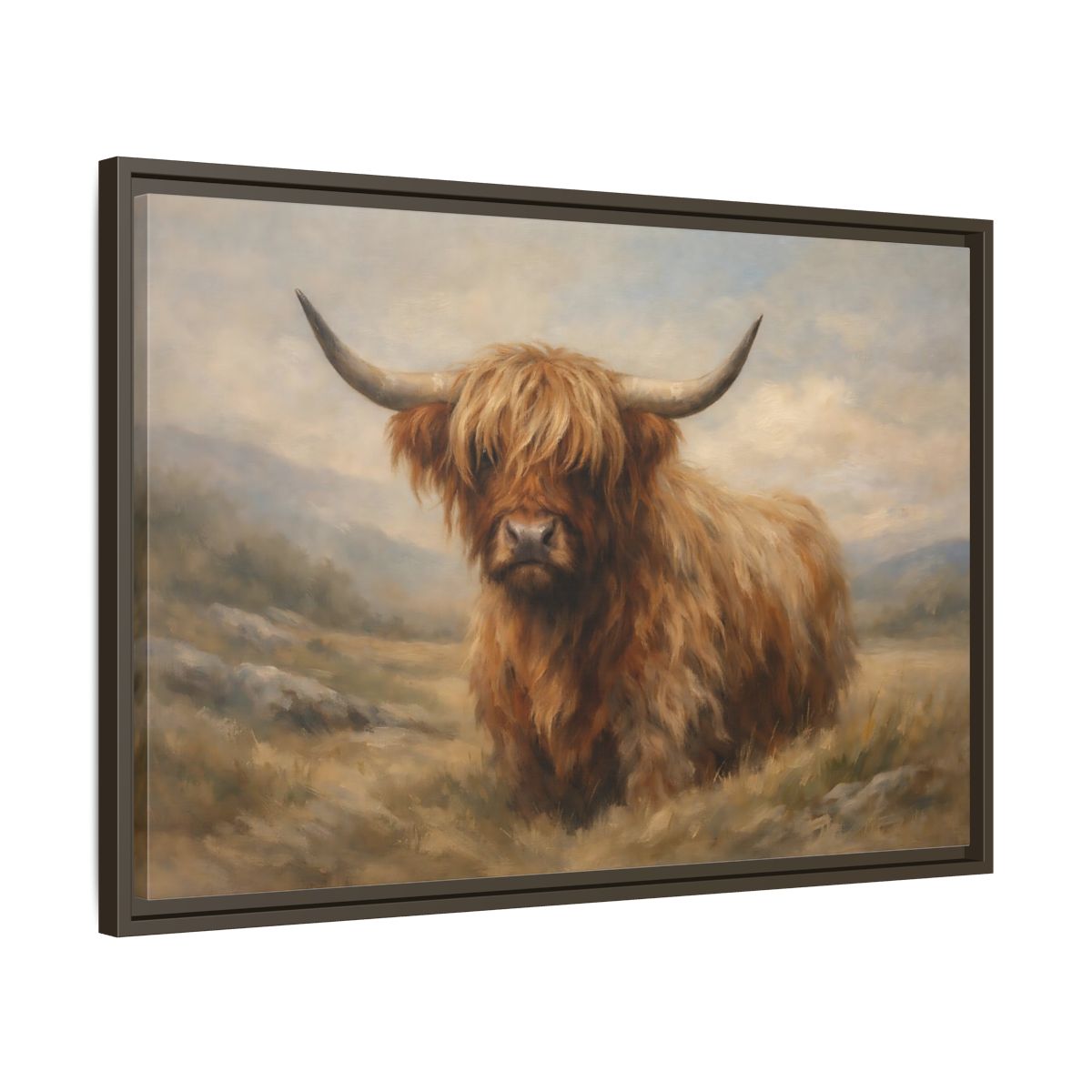 Side Mockup 11. Animals Highland Cow Highland Cow Brown shown as stretched canvas wall art
