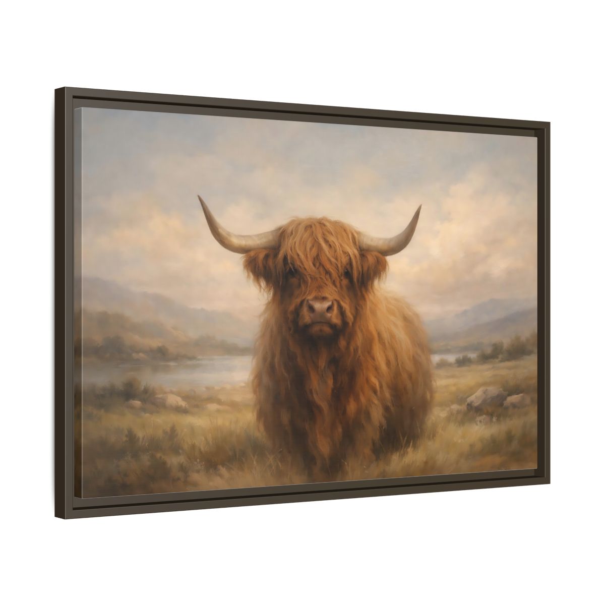 Side Mockup 11. Animals Highland Cow Highland Cow Brown shown as stretched canvas wall art