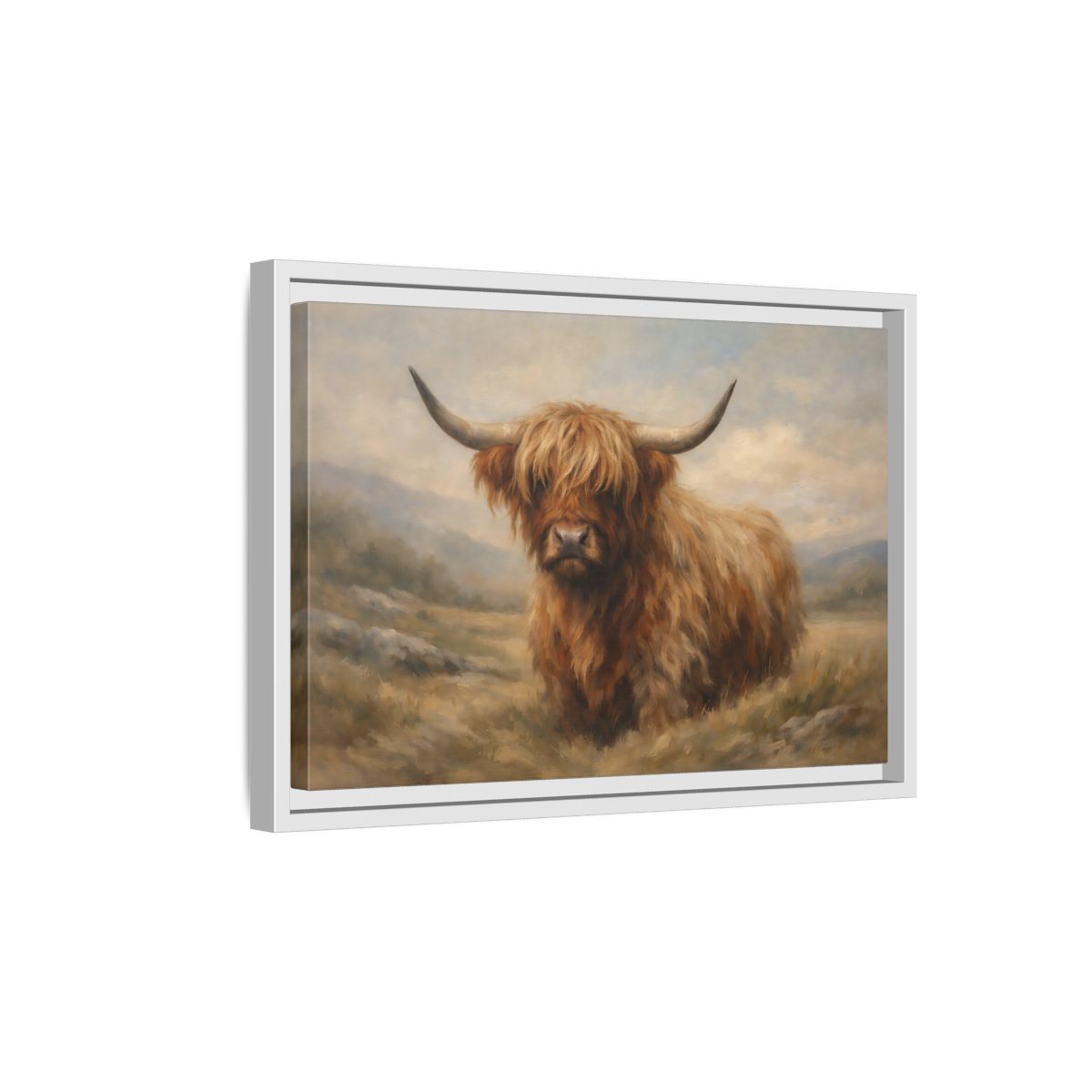 Side Mockup 4. Animals Highland Cow Highland Cow Brown shown as stretched canvas wall art