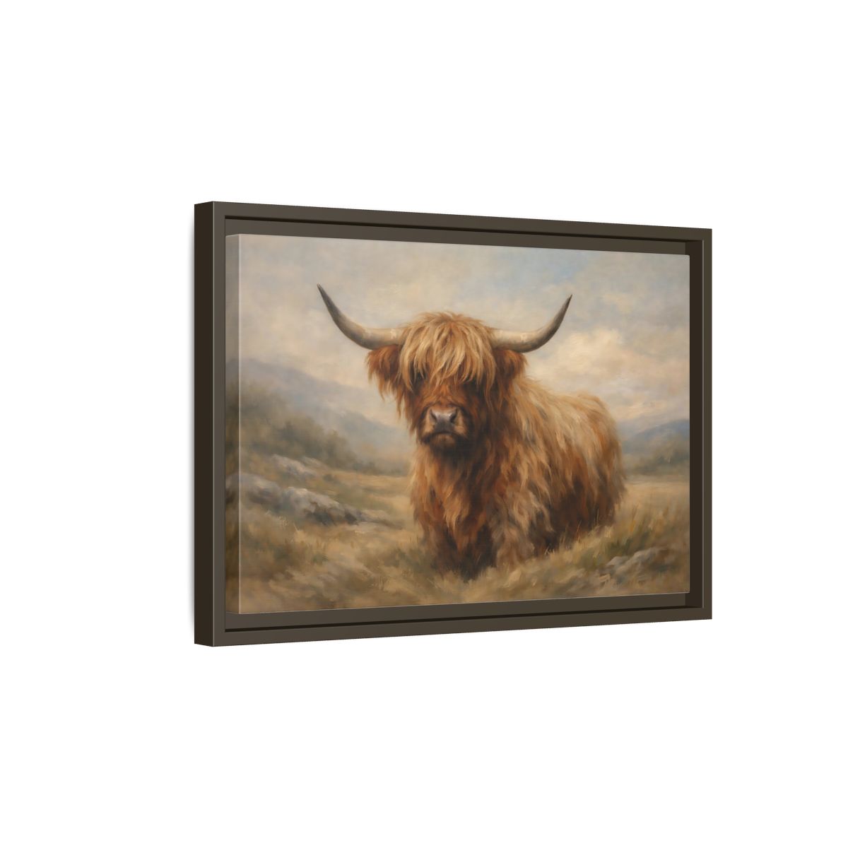 Side Mockup 5. Animals Highland Cow Highland Cow Brown shown as stretched canvas wall art