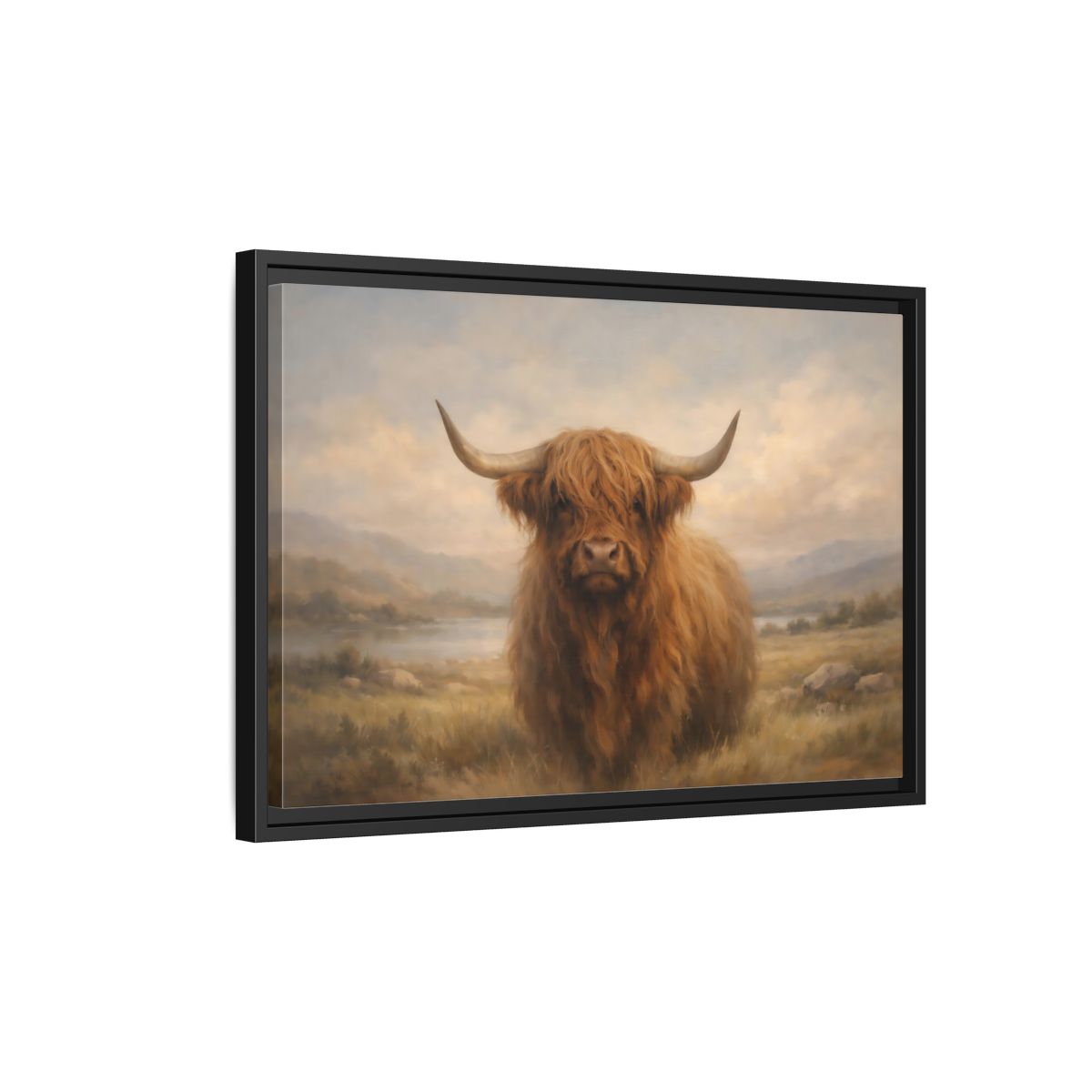Side Mockup 3. Animals Highland Cow Highland Cow Brown shown as stretched canvas wall art