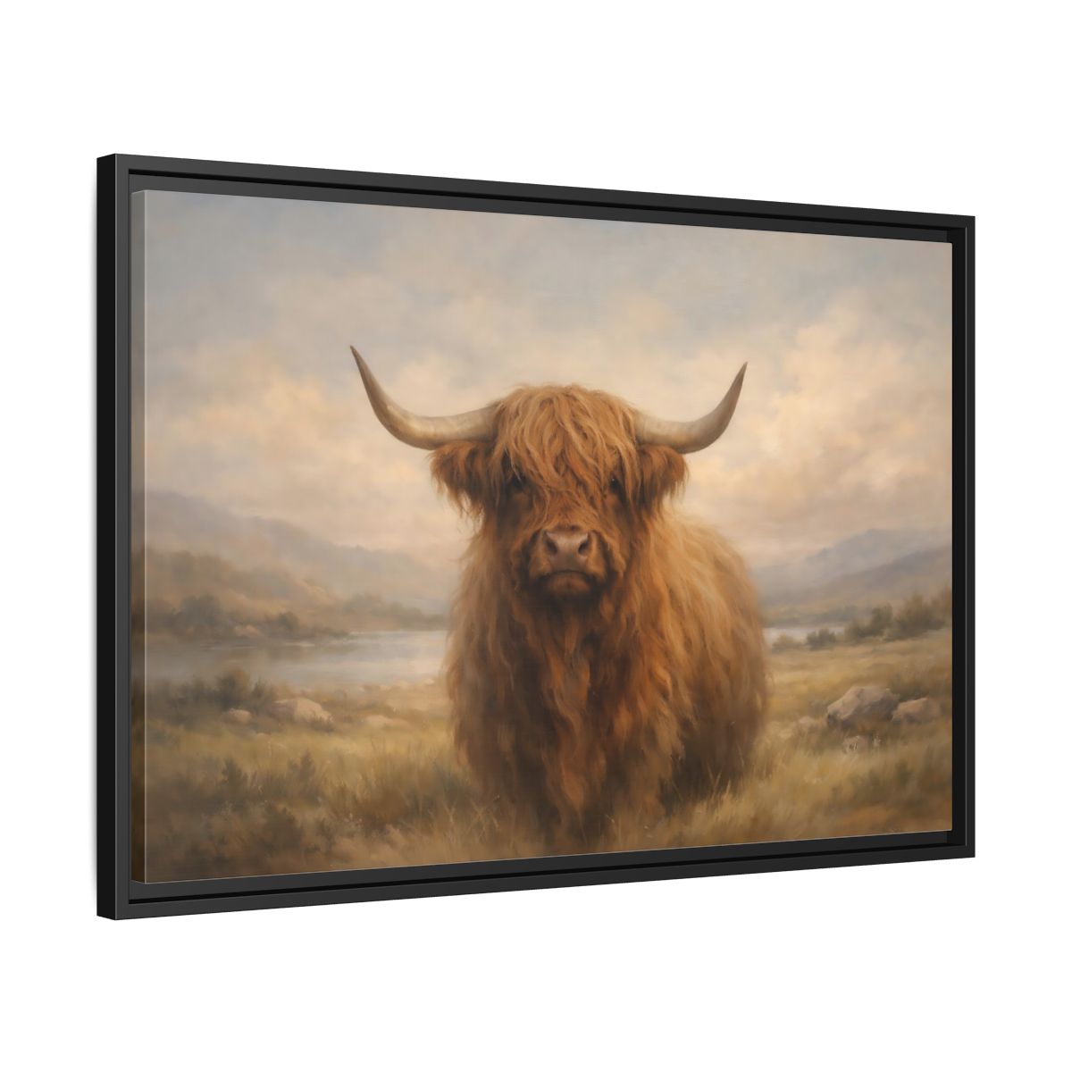 Side Mockup 14. Animals Highland Cow Highland Cow Brown shown as stretched canvas wall art