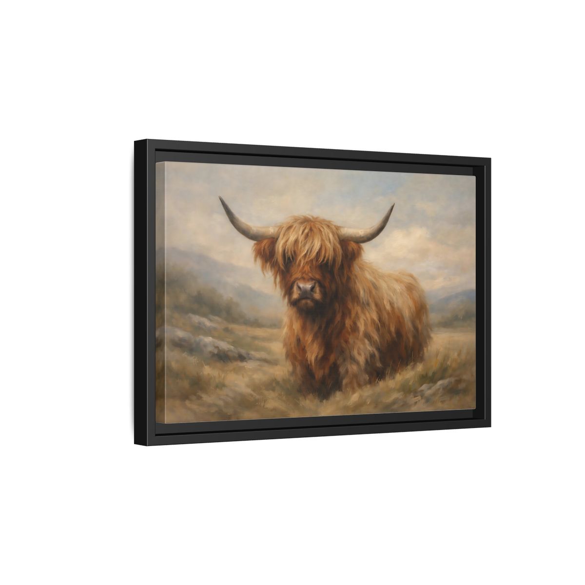 Side Mockup 6. Animals Highland Cow Highland Cow Brown shown as stretched canvas wall art