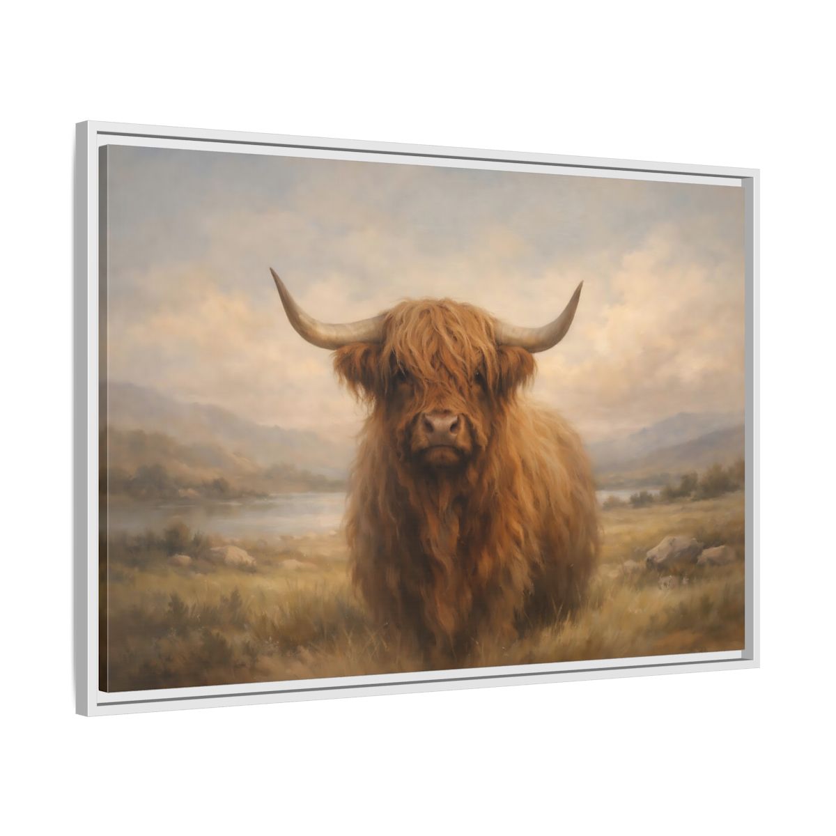 Side Mockup 8. Animals Highland Cow Highland Cow Brown shown as stretched canvas wall art