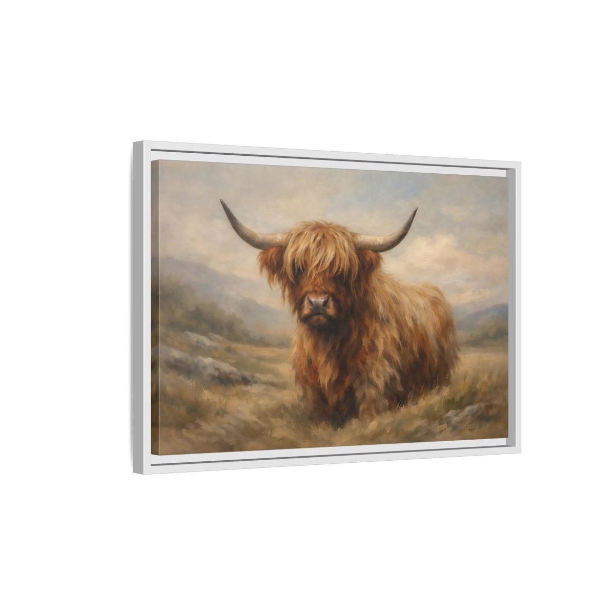 Side Mockup 1. Animals Highland Cow Highland Cow Brown shown as stretched canvas wall art