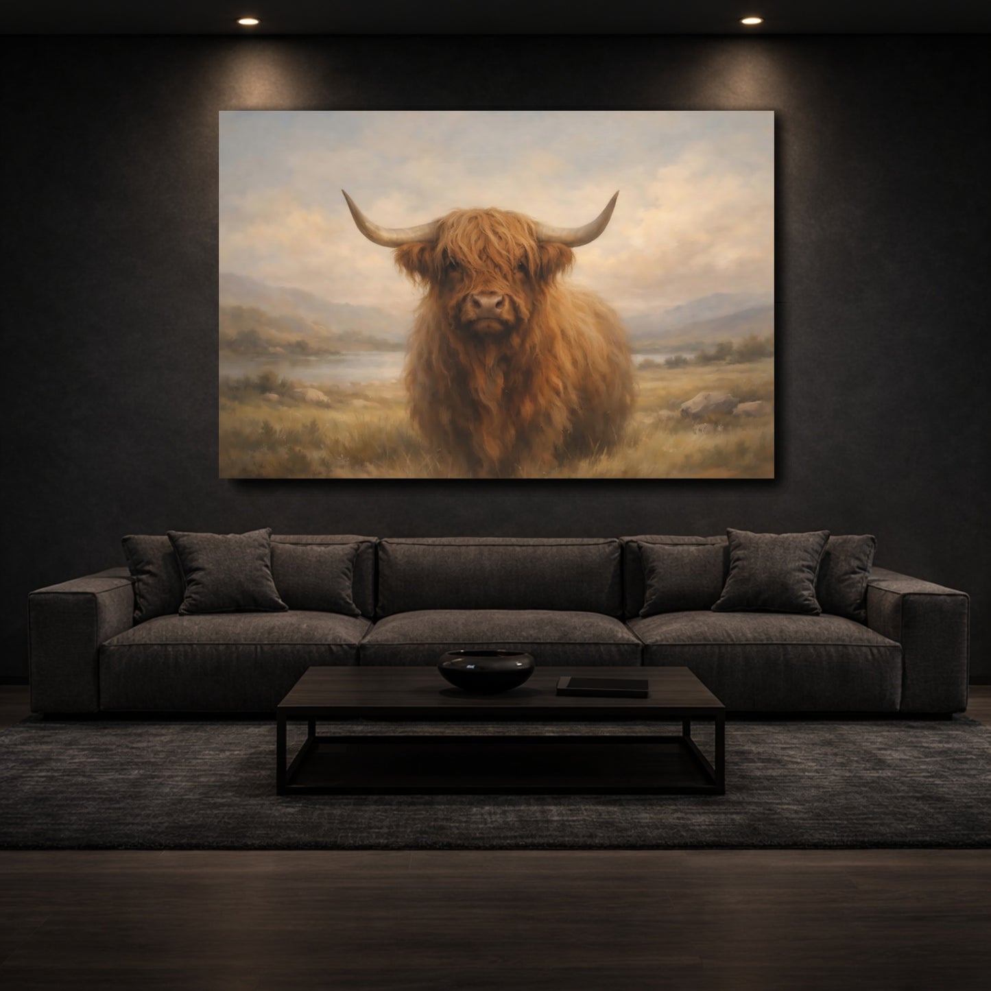 Mockup 2. Animals Highland Cow Brown Highland Cow shown as stretched canvas wall art